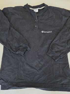 CHAMPION Long Sleeve Pullover Henley Shirt Button Neck Black SMALL Fitness